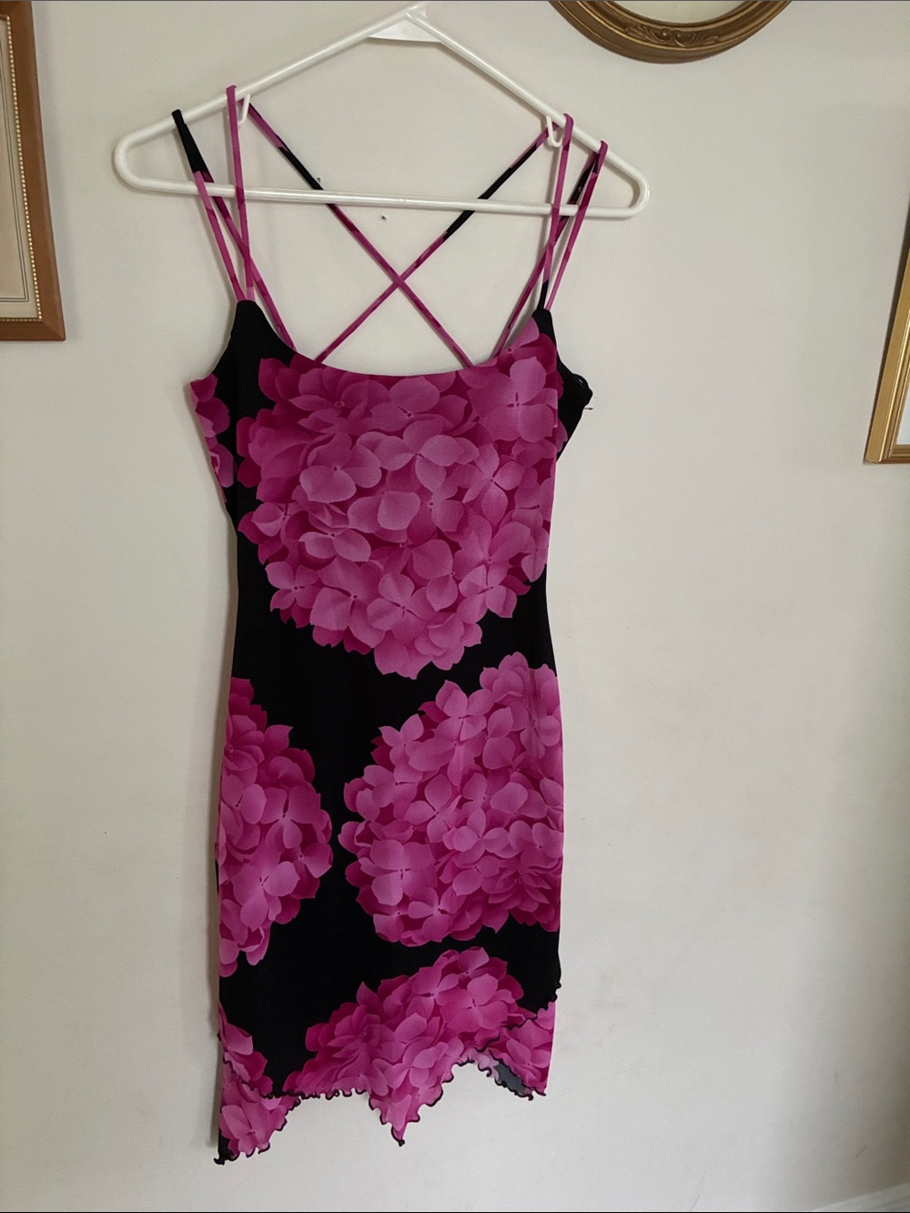 Vintage Black & Fuchsia Floral Slip Dress with Strappy Back
